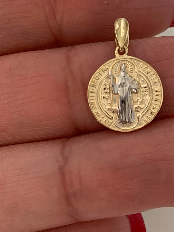 14K Gold Two Tone Saint Benedict Pendant on a Shiny Chain