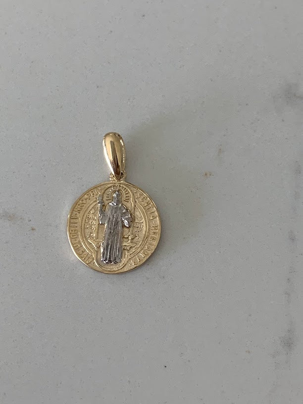 14K Gold Two Tone Saint Benedict Pendant on a Shiny Chain