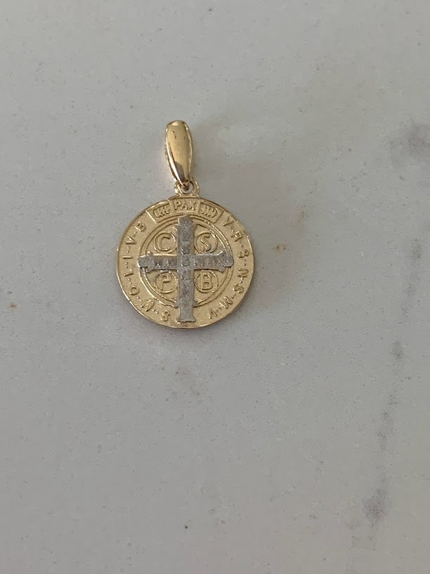 14K Gold Two Tone Saint Benedict Pendant on a Shiny Chain