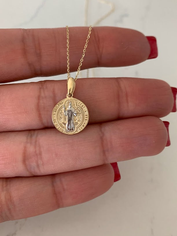 14K Gold Two Tone Saint Benedict Pendant on a Shiny Chain