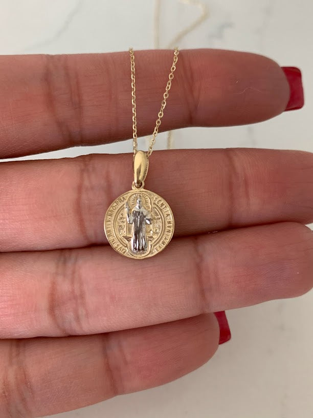 14K Gold Two Tone Saint Benedict Pendant on a Shiny Chain