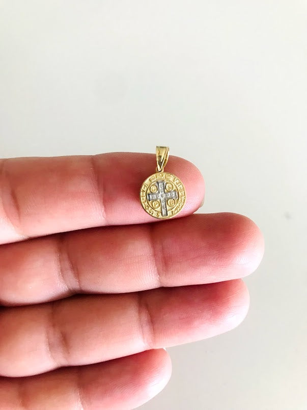 10MM 14K Solid Gold Saint Benedict | Yellow and White Religious | Saint Benedict Pendant | Two TONE 14K Solid Gold Pendant