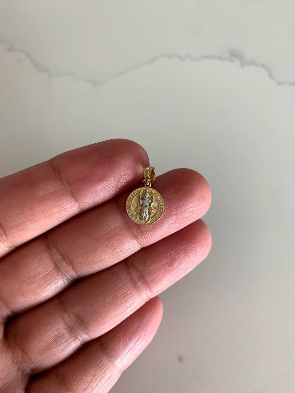 10MM 14K Solid Gold Saint Benedict | Yellow and White Religious | Saint Benedict Pendant | Two TONE 14K Solid Gold Pendant