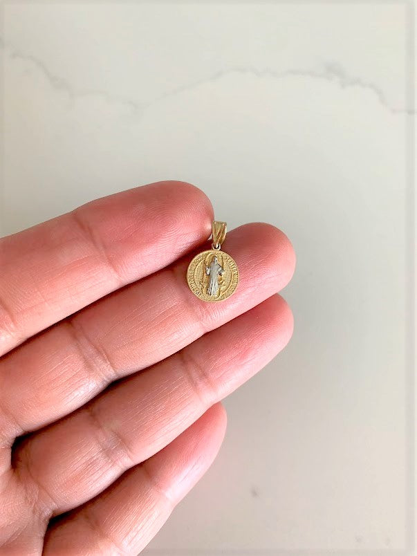 10MM 14K Solid Gold Saint Benedict | Yellow and White Religious | Saint Benedict Pendant | Two TONE 14K Solid Gold Pendant