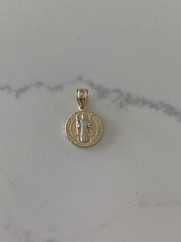 10MM 14K Solid Gold Saint Benedict | Yellow and White Religious | Saint Benedict Pendant | Two TONE 14K Solid Gold Pendant