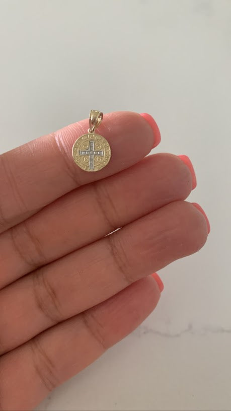 10MM 14K Solid Gold Saint Benedict | Two Tone or White Gold Religious Pendant | Saint Benedict Pendant | Two TONE 14K Solid Gold Pendant