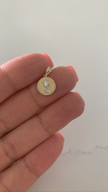 10MM 14K Solid Gold Saint Benedict | Two Tone or White Gold Religious Pendant | Saint Benedict Pendant | Two TONE 14K Solid Gold Pendant