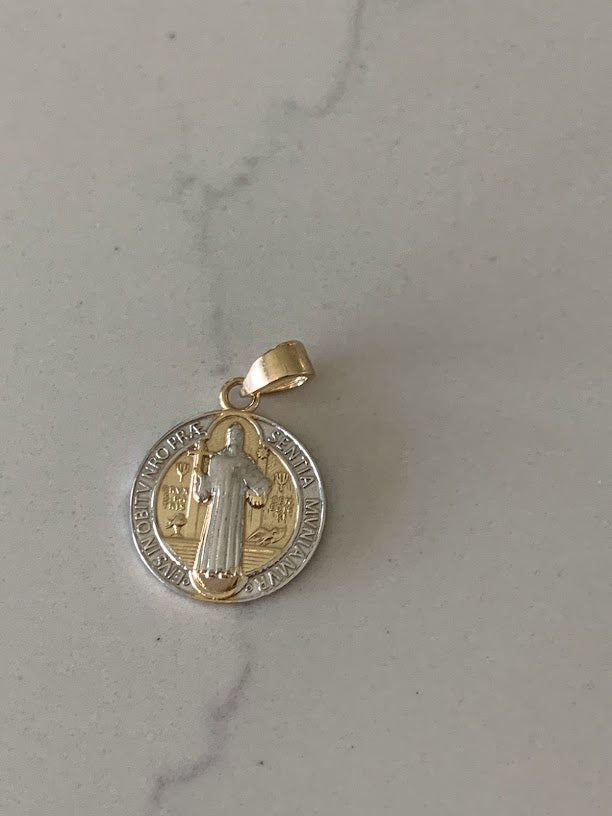 14MM 14K Solid Gold Saint Benedict | Yellow and White Religious | Saint Benedict Pendant | Two TONE 14K Solid Gold Pendant