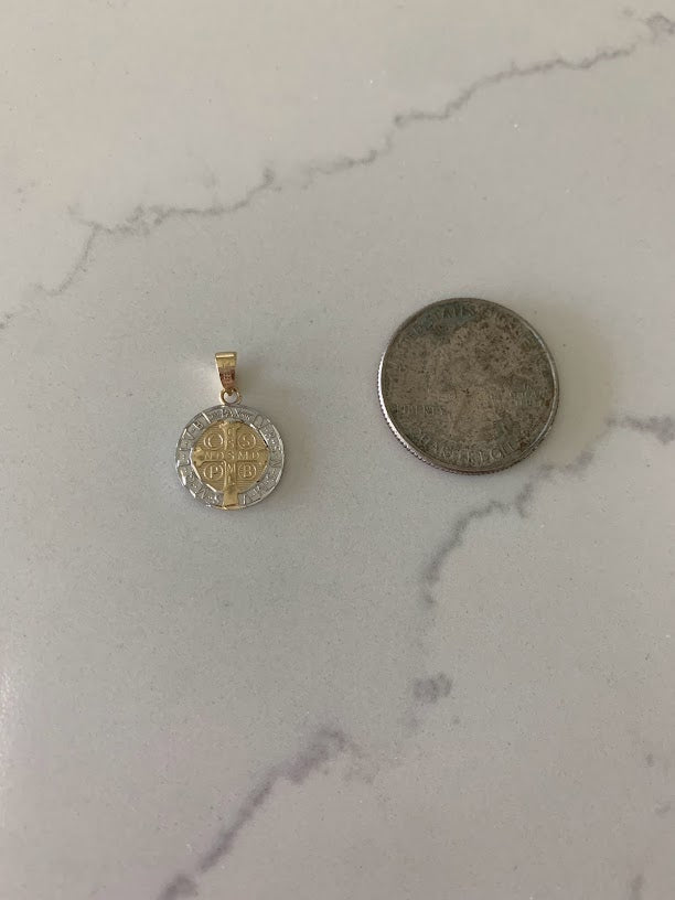 14MM 14K Solid Gold Saint Benedict | Yellow and White Religious | Saint Benedict Pendant | Two TONE 14K Solid Gold Pendant