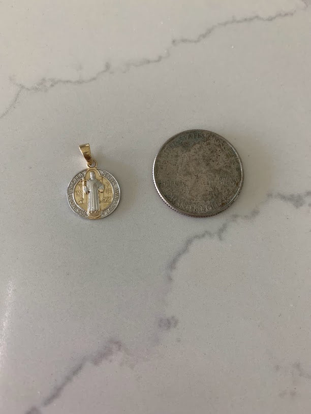 14MM 14K Solid Gold Saint Benedict | Yellow and White Religious | Saint Benedict Pendant | Two TONE 14K Solid Gold Pendant
