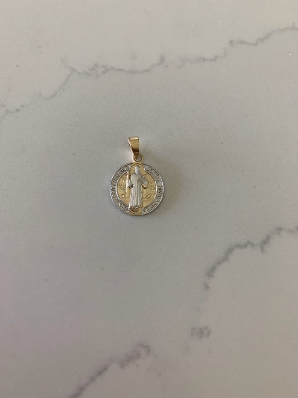 14MM 14K Solid Gold Saint Benedict | Yellow and White Religious | Saint Benedict Pendant | Two TONE 14K Solid Gold Pendant
