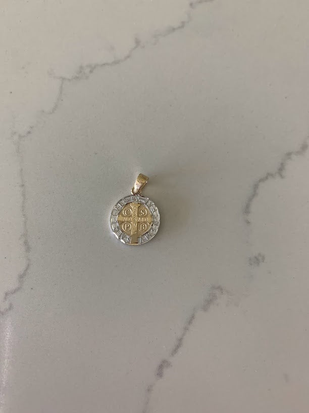 14MM 14K Solid Gold Saint Benedict | Yellow and White Religious | Saint Benedict Pendant | Two TONE 14K Solid Gold Pendant