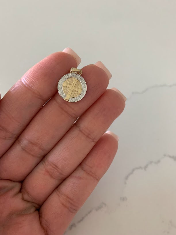 14MM 14K Solid Gold Saint Benedict | Yellow and White Religious | Saint Benedict Pendant | Two TONE 14K Solid Gold Pendant