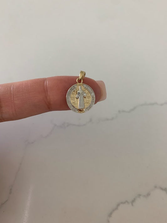 14MM 14K Solid Gold Saint Benedict | Yellow and White Religious | Saint Benedict Pendant | Two TONE 14K Solid Gold Pendant