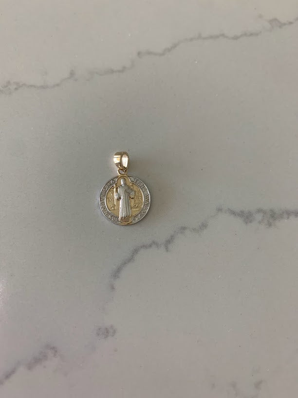 14MM 14K Solid Gold Saint Benedict | Yellow and White Religious | Saint Benedict Pendant | Two TONE 14K Solid Gold Pendant