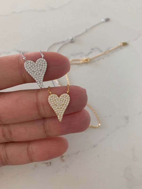 Pave Heart Necklace, CZ Large Heart Necklace, Dainty Chain, Large Heart Necklace, Heart Necklace, Diamond Necklace, Sterling Silver