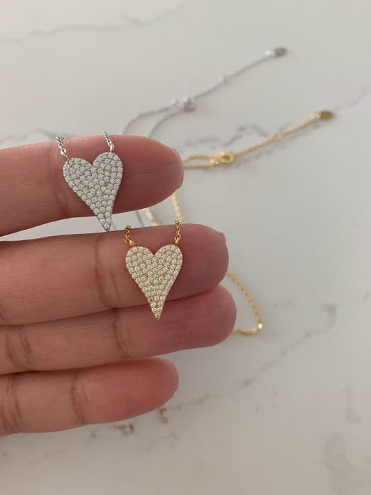 Pave Heart Necklace, CZ Large Heart Necklace, Dainty Chain,  Large Heart Necklace, Heart Necklace, Diamond Necklace, Sterling Silver