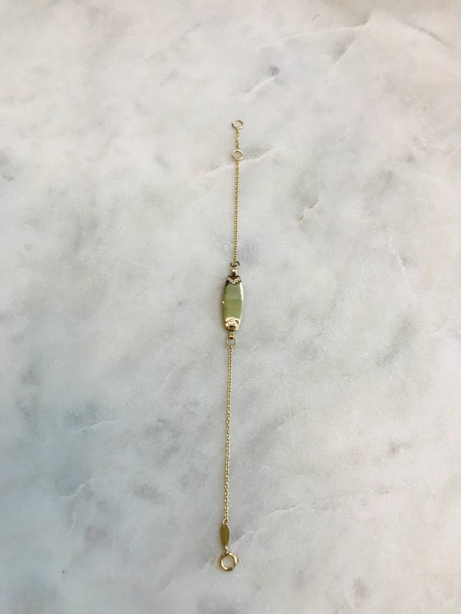 14K Gold ID Bracelet with Cubic ZC, Cable Link Bracelet, 20MM Plate, 5.5" - 6" Length, Lobster Clasp, Kids Bracelet