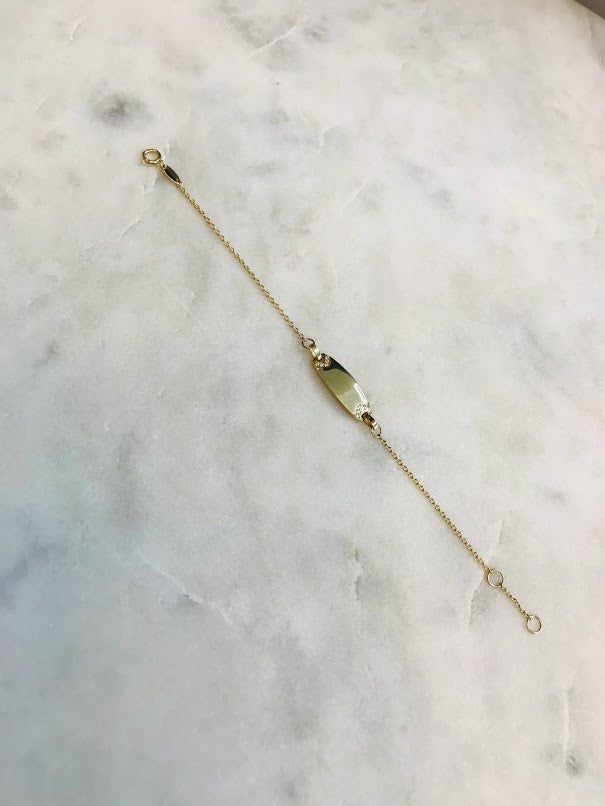 14K Gold ID Bracelet with Cubic ZC, Cable Link Bracelet, 20MM Plate, 5.5" - 6" Length, Lobster Clasp, Kids Bracelet