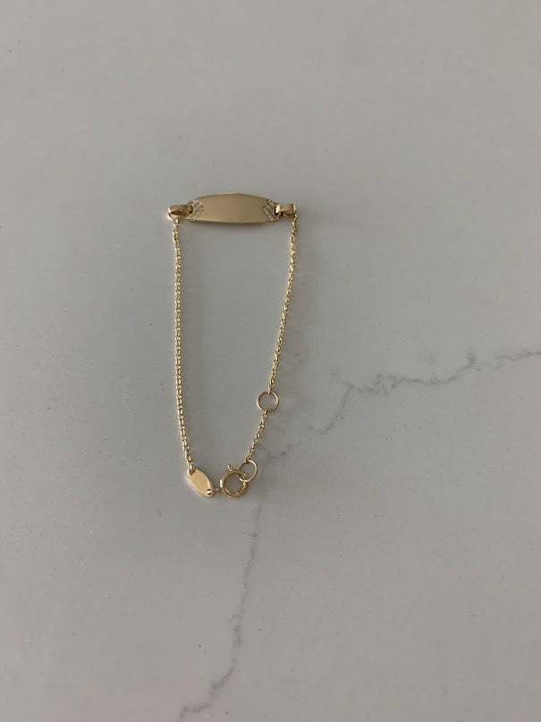 14K Gold ID Bracelet with Cubic ZC, Cable Link Bracelet, 20MM Plate, 5.5" - 6" Length, Lobster Clasp, Kids Bracelet