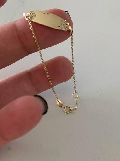 14K Gold ID Bracelet with Cubic ZC, Cable Link Bracelet, 20MM Plate, 5.5" - 6" Length, Lobster Clasp, Kids Bracelet