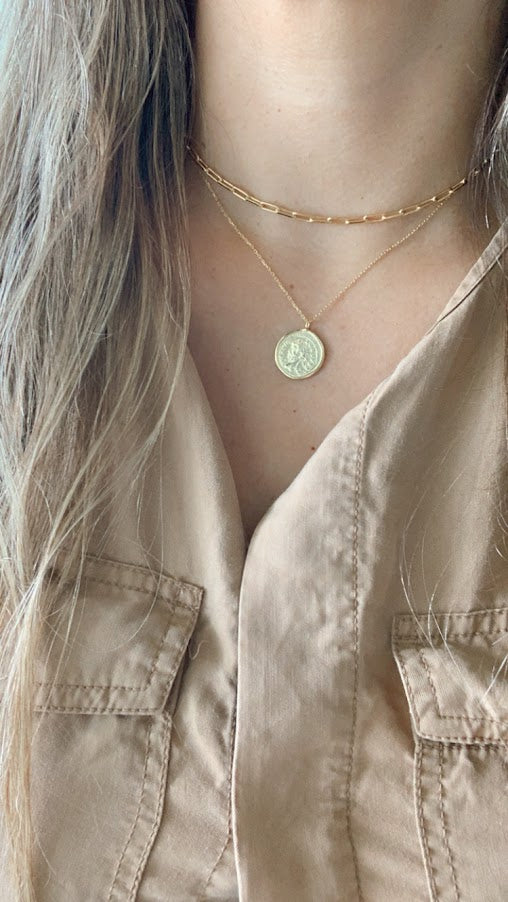 Gold Coin Medallion Necklace | Layer Link Chain | Paperclip Necklace | 18K Gold over Sterling Silver |18K Gold Vermeil Paperclip Necklace