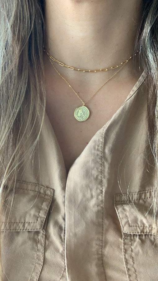 Gold Coin Medallion Necklace | Layer Link Chain | Paperclip Necklace | 18K Gold over Sterling Silver |18K Gold Vermeil Paperclip Necklace