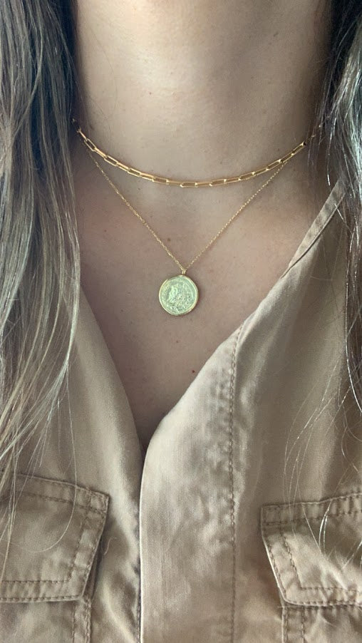 Gold Coin Medallion Necklace | Layer Link Chain | Paperclip Necklace | 18K Gold over Sterling Silver |18K Gold Vermeil Paperclip Necklace