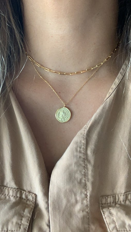 Gold Coin Medallion Necklace | Layer Link Chain | Paperclip Necklace | 18K Gold over Sterling Silver |18K Gold Vermeil Paperclip Necklace
