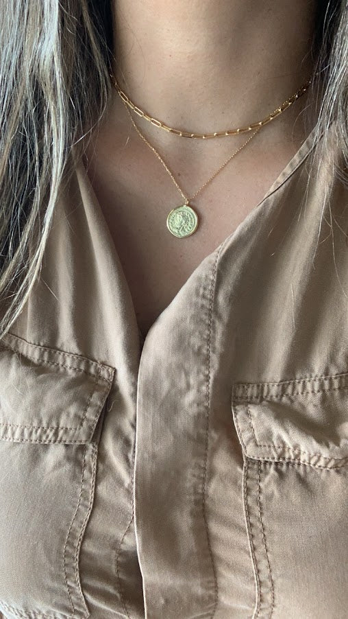 Gold Coin Medallion Necklace | Layer Link Chain | Paperclip Necklace | 18K Gold over Sterling Silver |18K Gold Vermeil Paperclip Necklace
