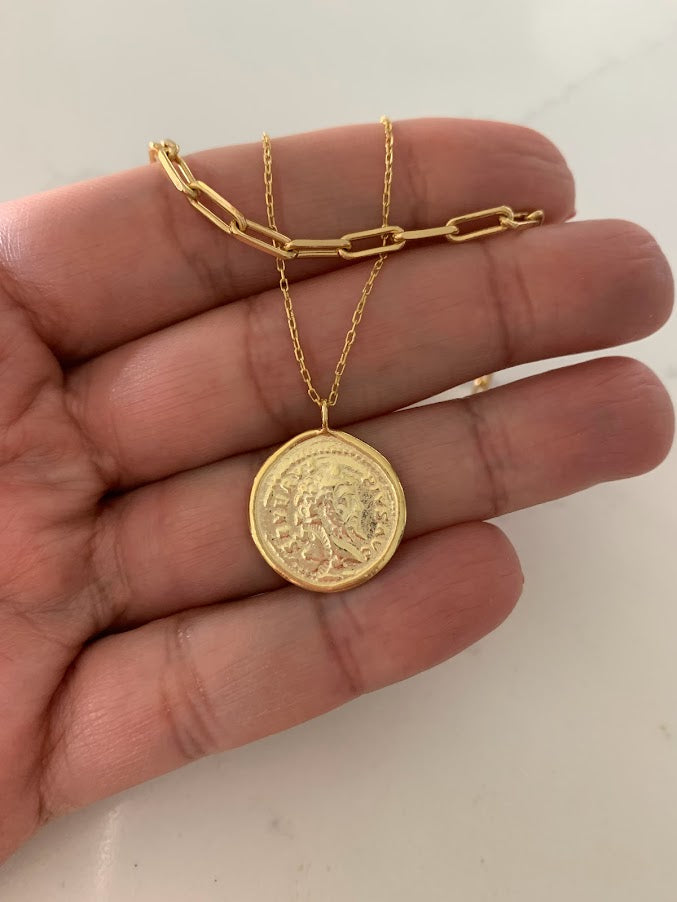 Gold Coin Medallion Necklace | Layer Link Chain | Paperclip Necklace | 18K Gold over Sterling Silver |18K Gold Vermeil Paperclip Necklace