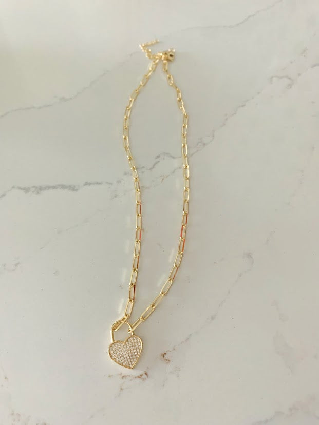 Heart Lock on Paperclip Necklace | Sterling Silver Drawn Cable Chain with a Heart Pendant