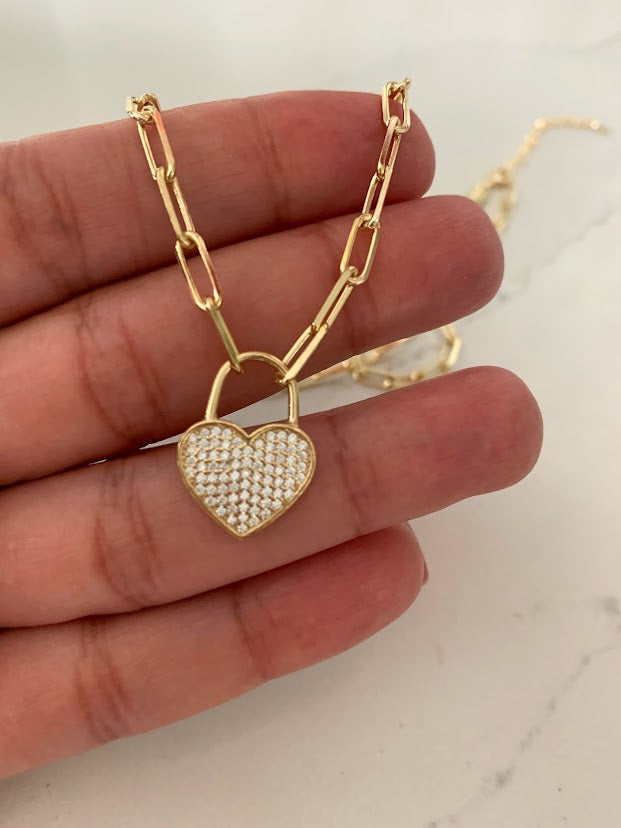 Heart Lock on Paperclip Necklace | Sterling Silver Drawn Cable Chain with a Heart Pendant