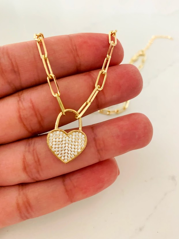 Heart Lock on Paperclip Necklace | Sterling Silver Drawn Cable Chain with a Heart Pendant