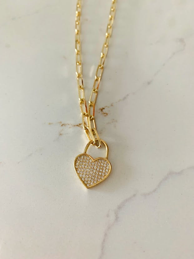 Heart Lock on Paperclip Necklace | Sterling Silver Drawn Cable Chain with a Heart Pendant