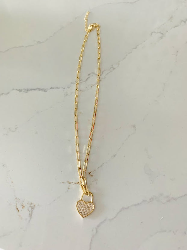 Heart Lock on Paperclip Necklace | Sterling Silver Drawn Cable Chain with a Heart Pendant