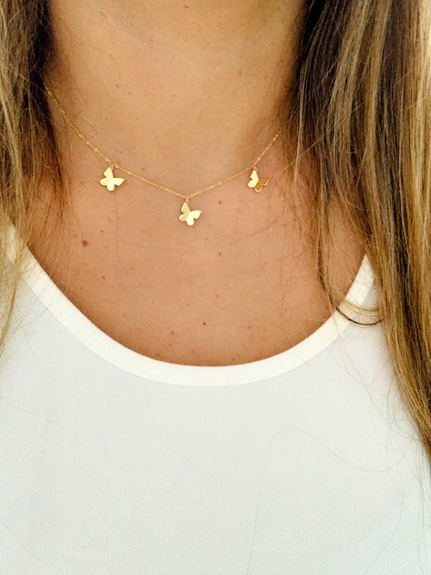 Sterling Silver Butterflies Necklace, Gold Vermeil on 925 Sterling Silver, Hanging Butterflies Necklace, Butterfly Charms Necklace