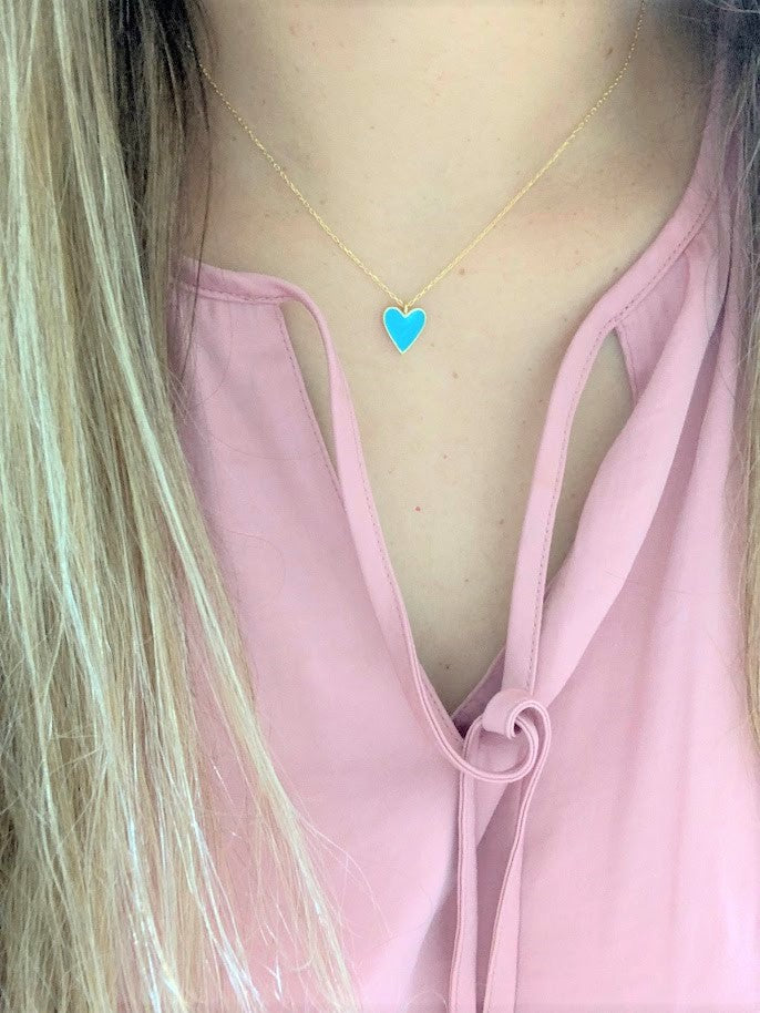 Enamel Heart Charm Necklace, Lovely Heart Pendant Necklace, 18K Gold over Genuine Sterling Silver, Excellent Quality,Pink, White, Blue Heart