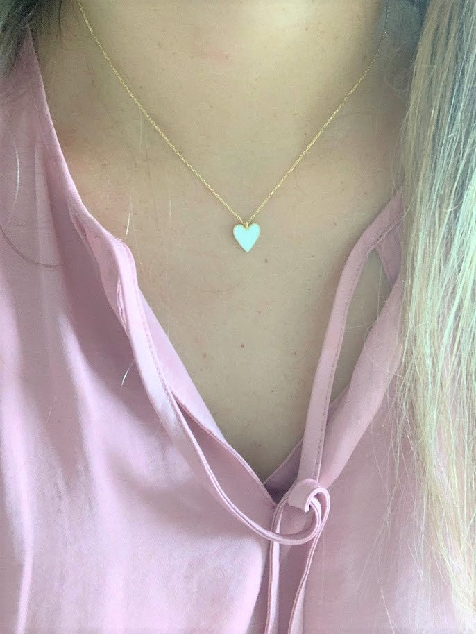 Enamel Heart Charm Necklace, Lovely Heart Pendant Necklace, 18K Gold over Genuine Sterling Silver, Excellent Quality,Pink, White, Blue Heart