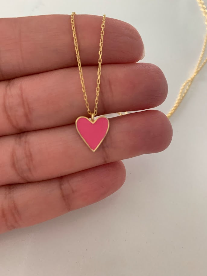 Enamel Heart Charm Necklace, Lovely Heart Pendant Necklace, 18K Gold over Genuine Sterling Silver, Excellent Quality,Pink, White, Blue Heart