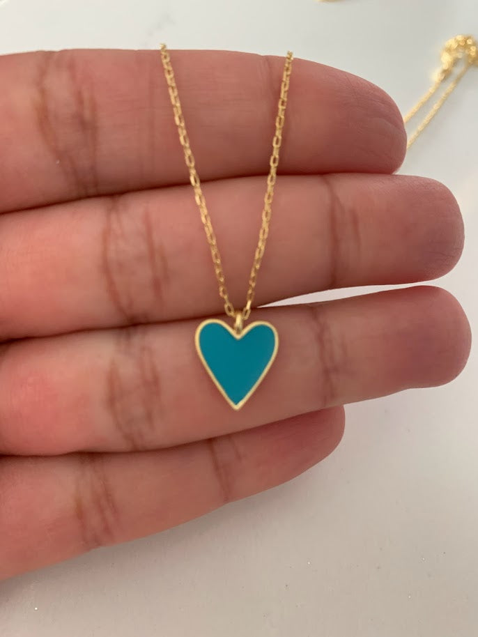 Enamel Heart Charm Necklace, Lovely Heart Pendant Necklace, 18K Gold over Genuine Sterling Silver, Excellent Quality,Pink, White, Blue Heart