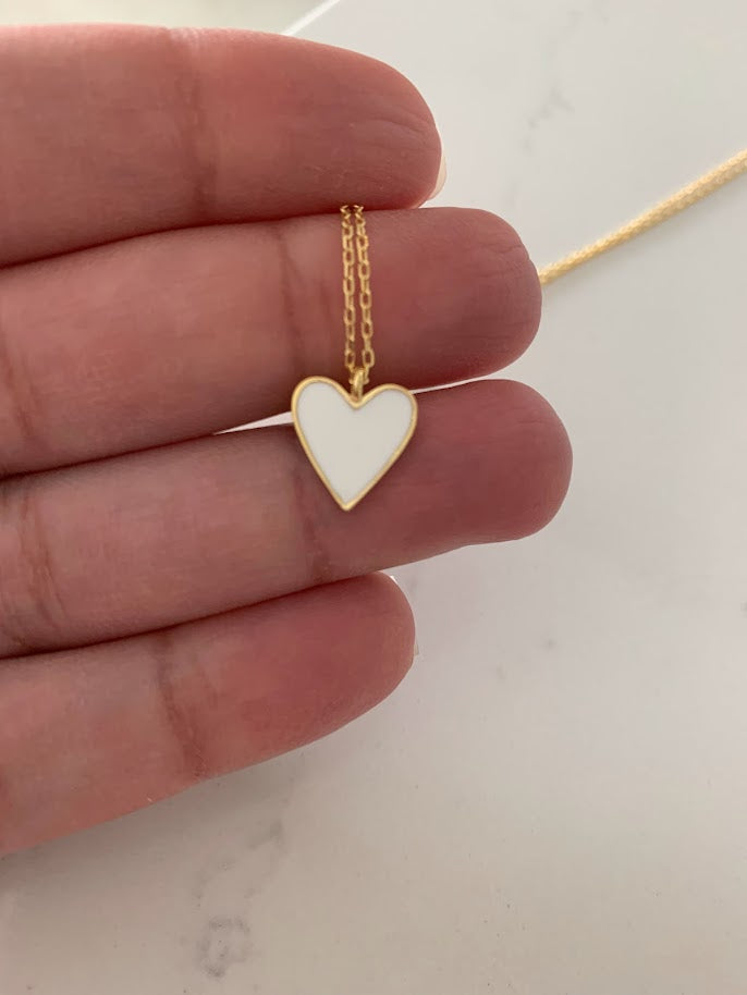 Enamel Heart Charm Necklace, Lovely Heart Pendant Necklace, 18K Gold over Genuine Sterling Silver, Excellent Quality,Pink, White, Blue Heart