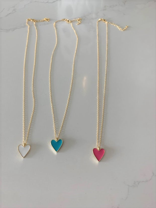 Enamel Heart Charm Necklace, Lovely Heart Pendant Necklace, 18K Gold over Genuine Sterling Silver, Excellent Quality,Pink, White, Blue Heart
