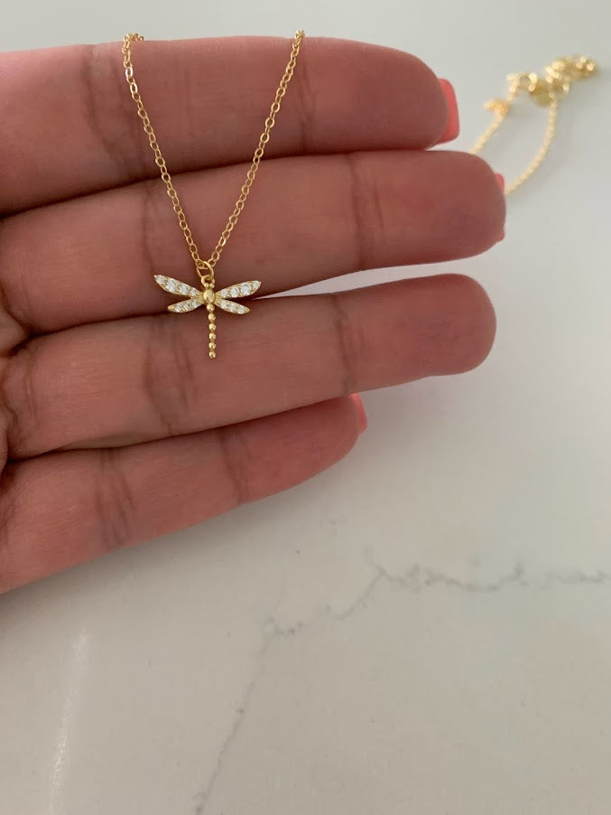 Gold Dragonfly Necklace, Floating Pendant Necklace