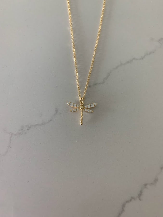 Gold Dragonfly Necklace, Floating Pendant Necklace
