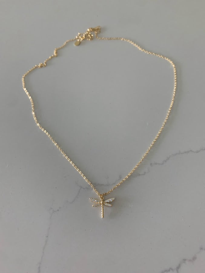 Gold Dragonfly Necklace, Floating Pendant Necklace