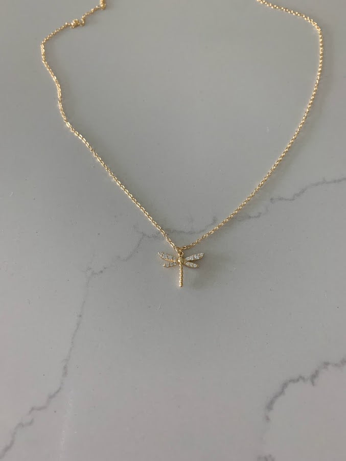 Gold Dragonfly Necklace, Floating Pendant Necklace