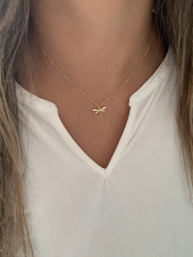 Gold Dragonfly Necklace, Floating Pendant Necklace