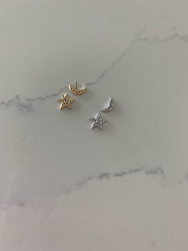 14k Gold Moon and Star Studs | Screw Backs | CZ Moon and Star | Minimalist Studs