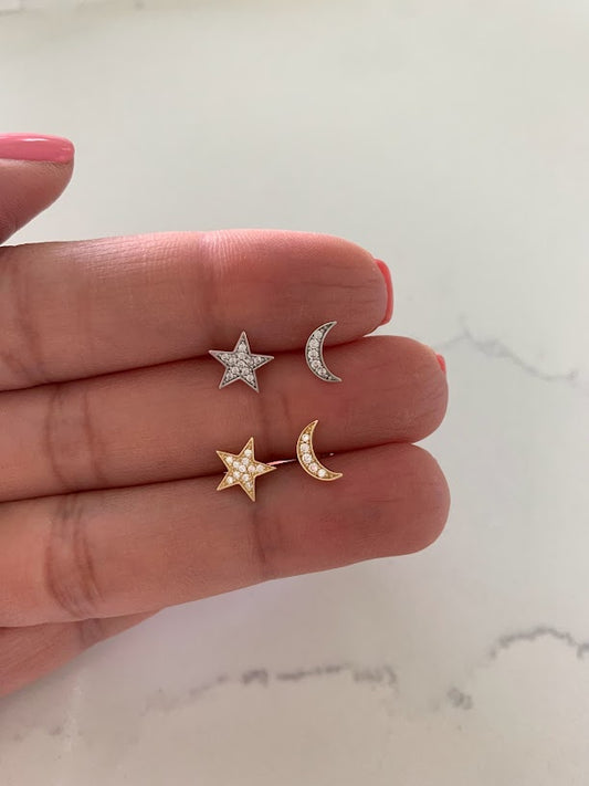 14k Gold Moon and Star Studs | Screw Backs | CZ Moon and Star | Minimalist Studs